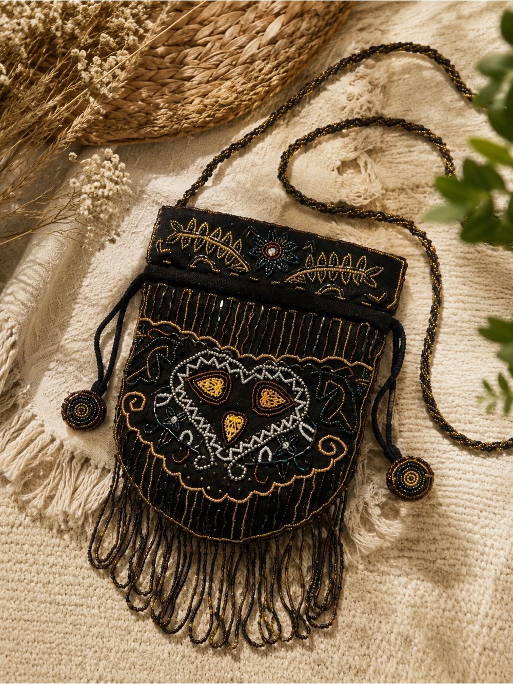 Bohemian Black Beaded Fringe Mini Crossbody Bag